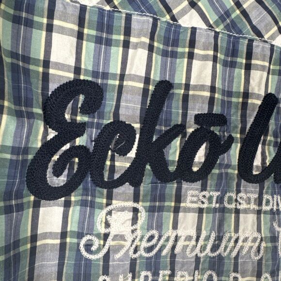 Ecko Unltd Mens XL Blue Plaid Short Sleeve Pearl‎ Snap Western Button Up Patches - Picture 7 of 14